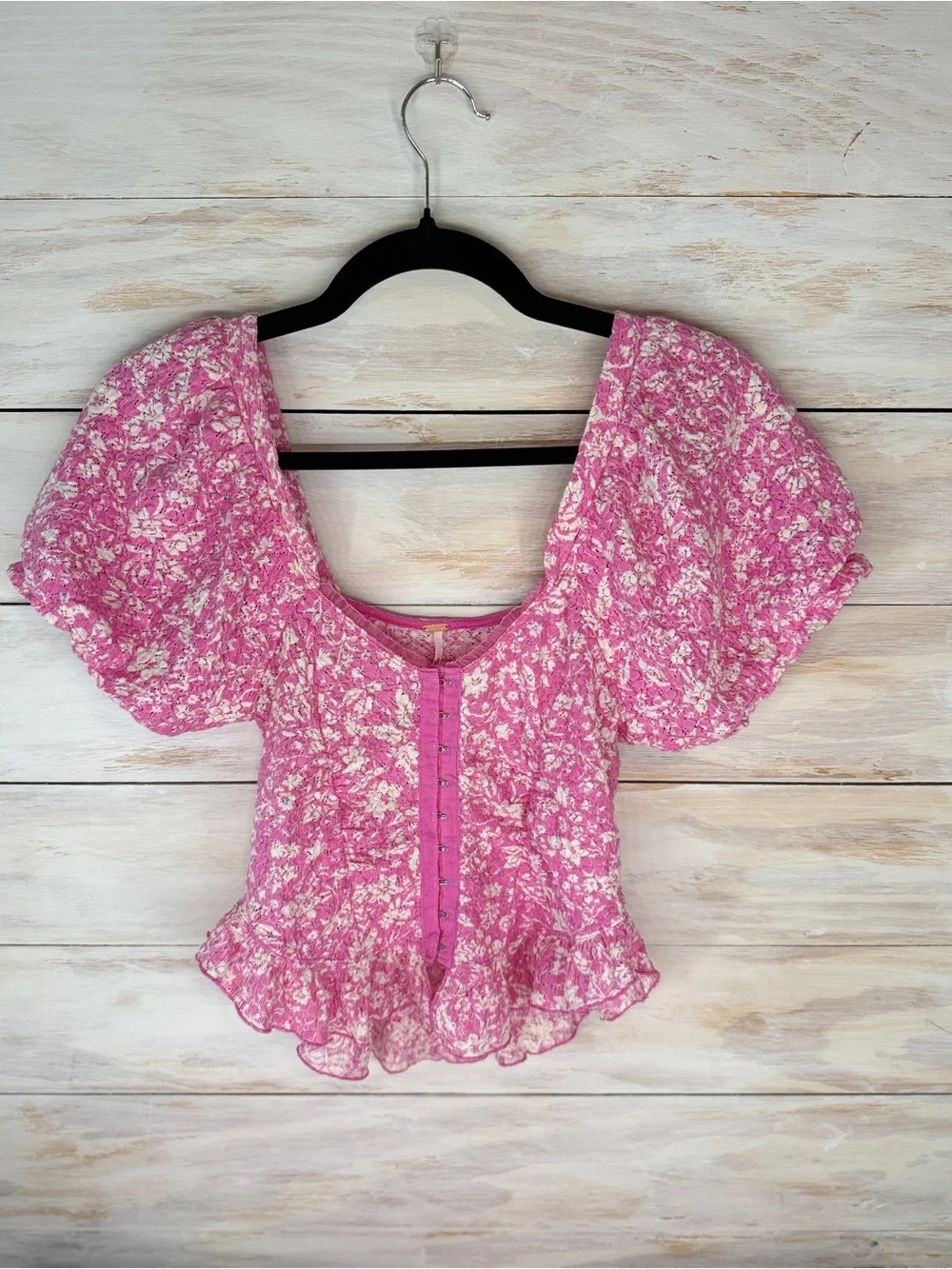 Free People Women's XS Pink Floral Lace Oh Baby Puff Sleeve Corset Peplum Top